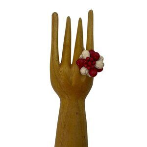 VTG Artisan Handmade Chunky Ring Red White Beaded Flower 3D Adjustable